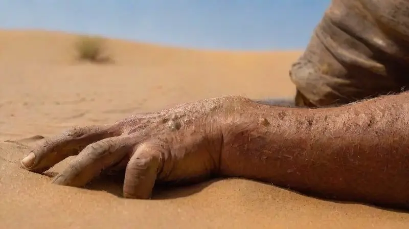 Desierto ardiente con mecánico reparando vehículo