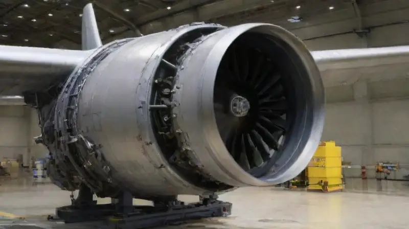 Corte de motor aeronáutico moderno en hangar