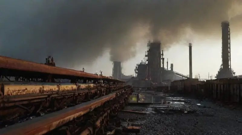 Fábrica industrial inmensa bajo cielo gris