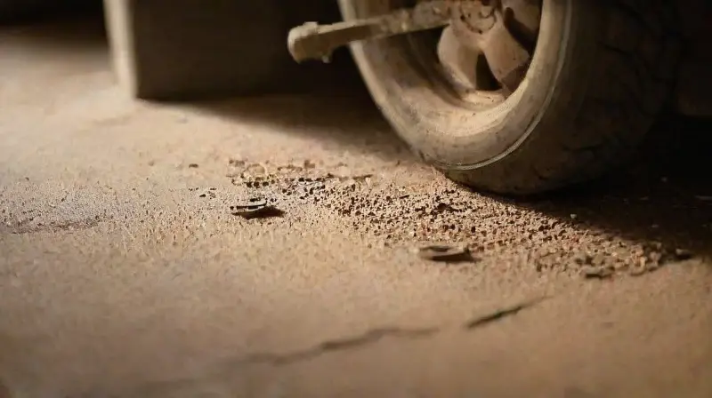 Garage soleado con viejo sedán deteriorado