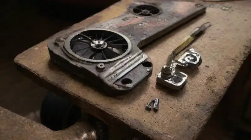 Taller de motores marinos realista y desordenado