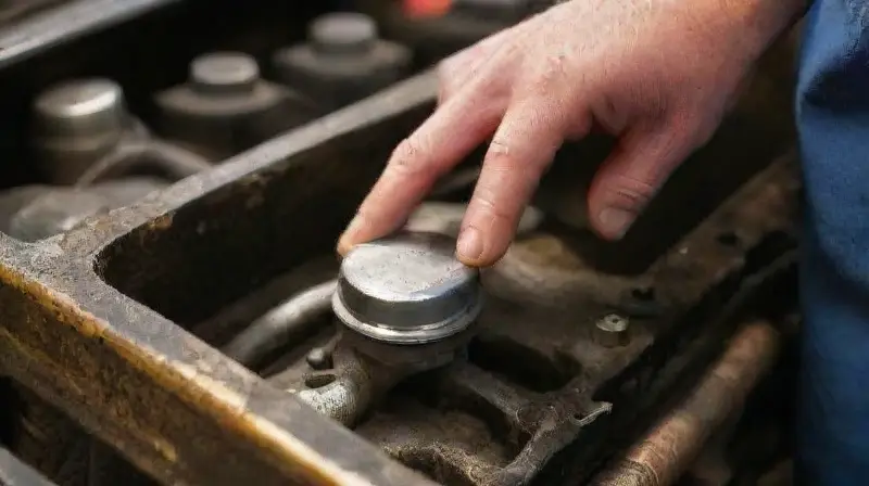 Mecánico lubricando motor en taller iluminado