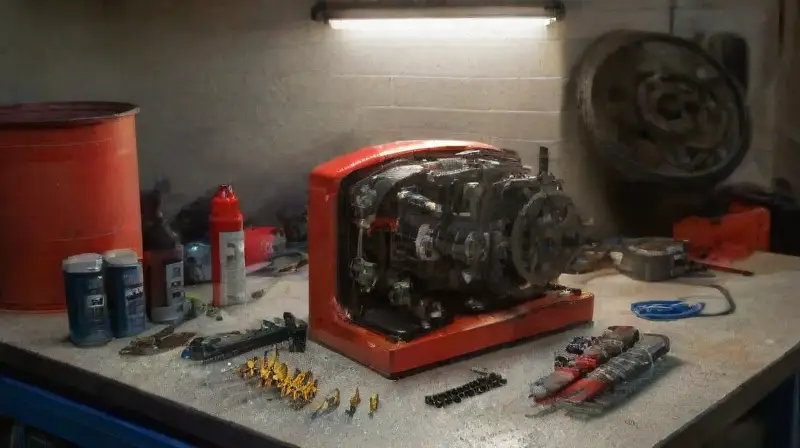 Imagen realista de taller calibrando motor técnico