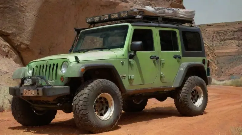Un Jeep polvoriento en terreno montañoso accidentado