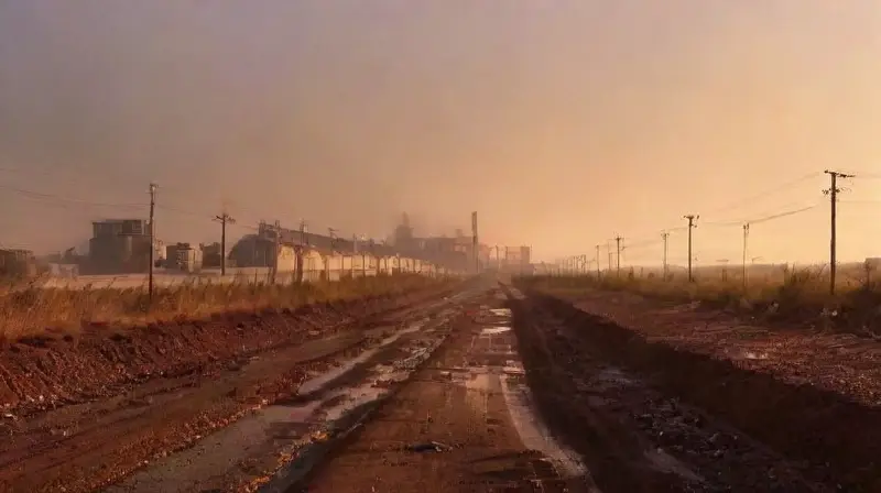 Fábrica industrial al atardecer, humo y decadencia