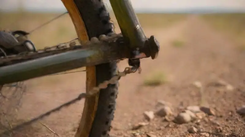 Pedal de bicicleta en terreno accidentado al atardecer
